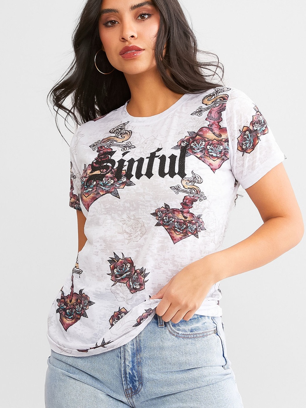 NWT Woman’s XS Sinful White Crew Tee with Red & Green Heart and Rose Graphic
